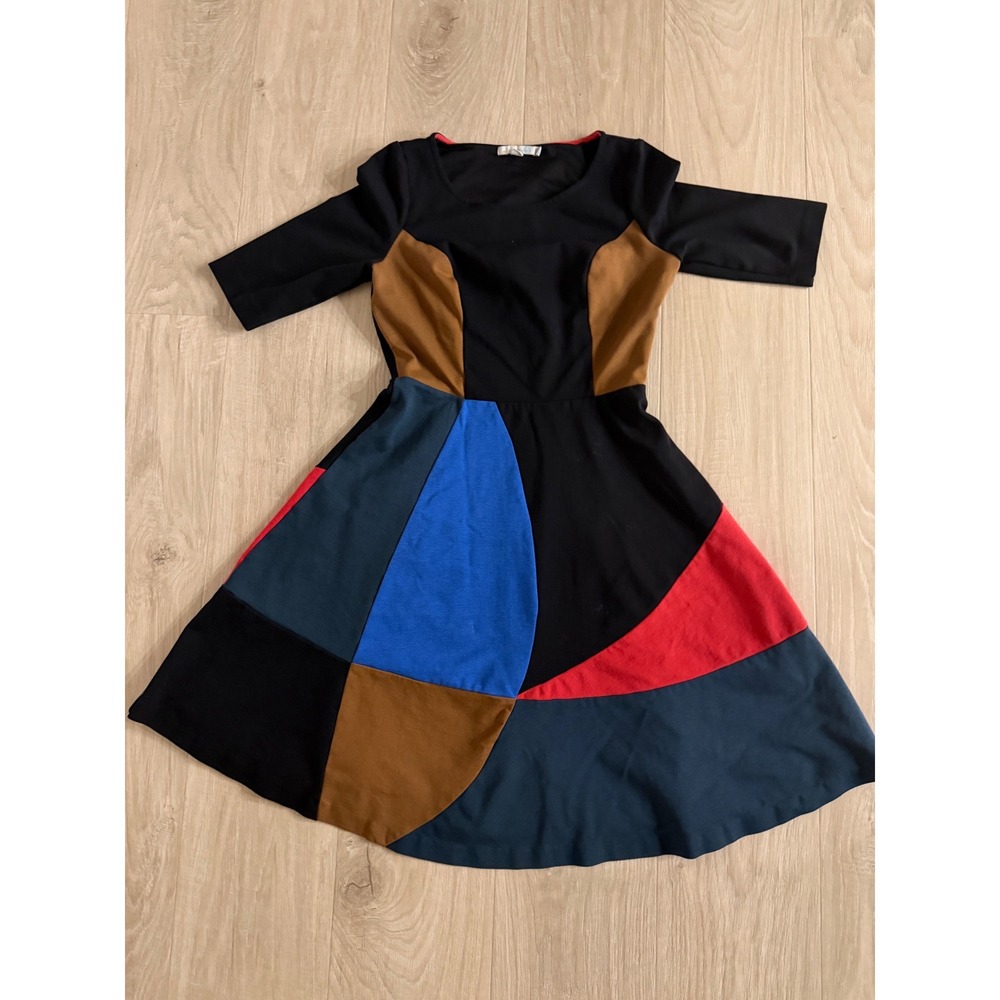 Boden Colorblock Fit Flare Dress Womens 6 Black Multi Geometric Jersey Knit